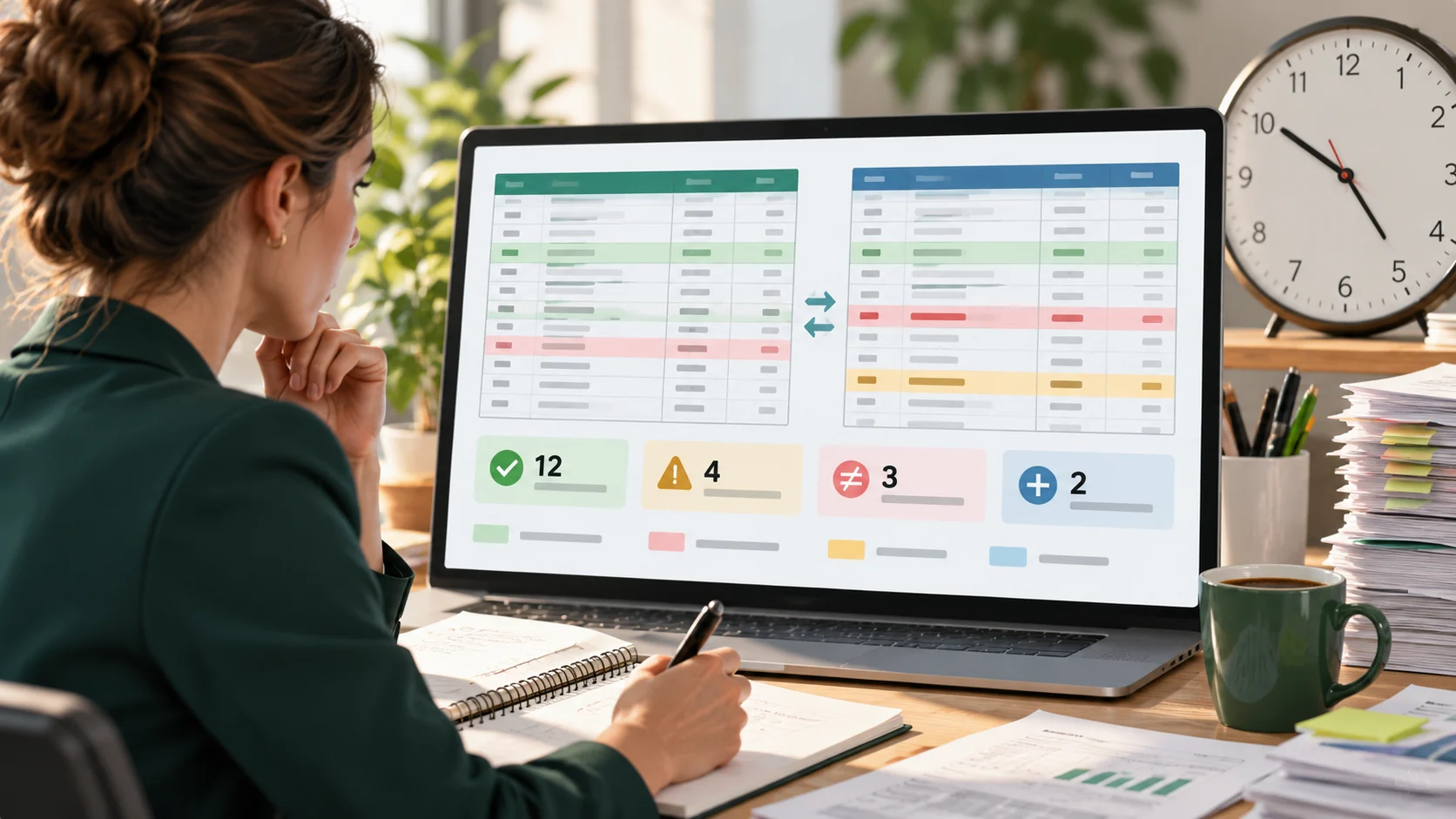 Сотрудница сравнивает две таблицы Excel перед срочным совещанием
