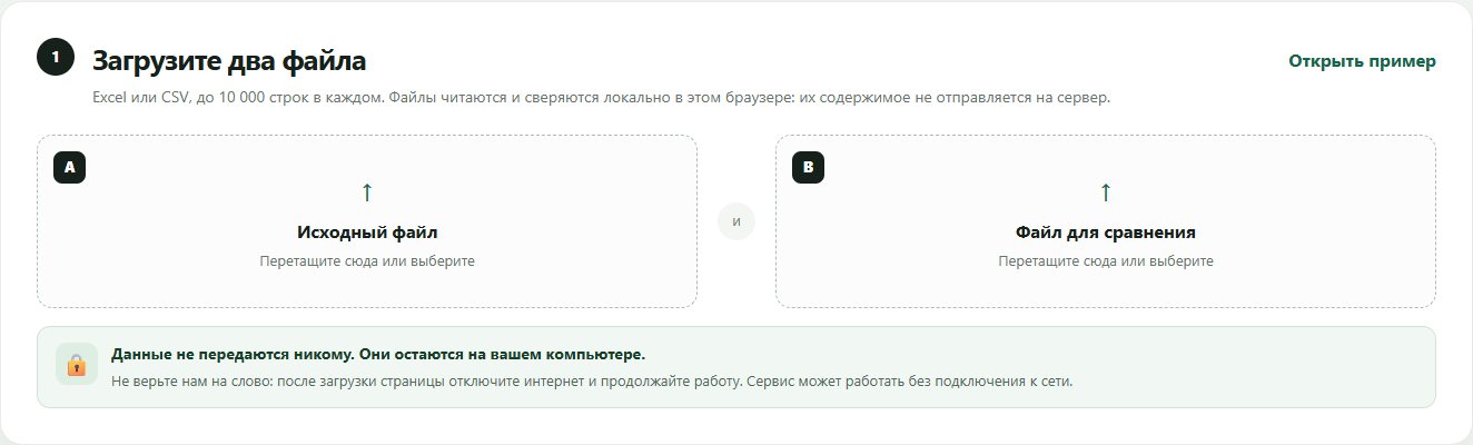 Экран Structo Match с областями загрузки файлов A и B и кнопкой Открыть пример